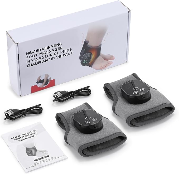 BAISEMAIN 2PCS Foot Renew Massager for Neuropathy - Ankle Heating Pad with Massage, Portable Cordless Design for Home & Travel Use, Gray