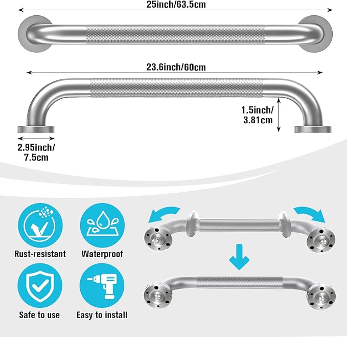 24 Inch Shower Grab Bars for Seniors, 2 Pack Brushed Nickel Stainless Steel ADA Grab Bars with 1.25'' Diameter Anti-Slip Textured Surface, Shower Safety Hand Rails for Elderly Handicapped