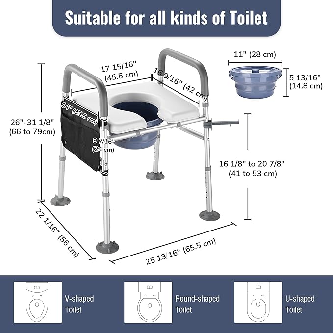 AW Raised Toilet Seat Riser Adjustable Height 16" to 21" Padded Bedside Commode Bedpan with Handles Aluminum 375 Lbs Capacity Fit Any Toilet for Elderly Seniors Disabled Handicapped