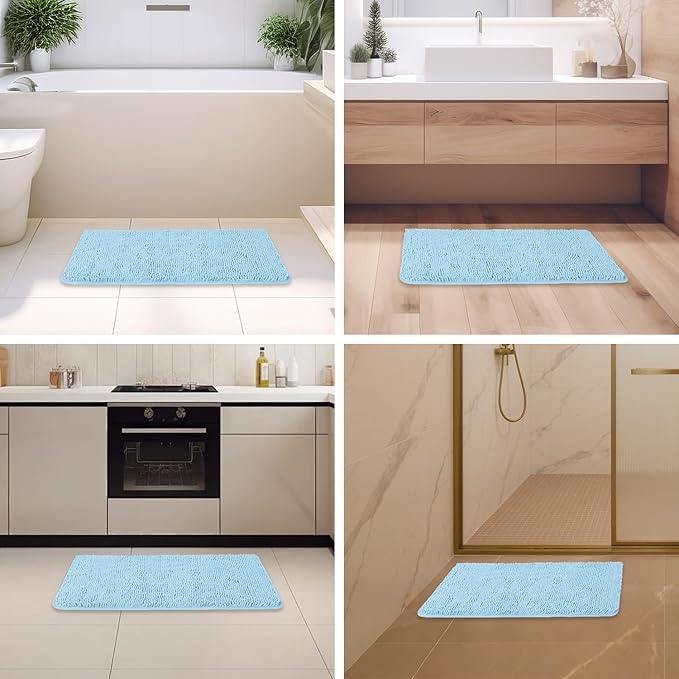 Light Blue Bathroom Rugs – Absorbent and Washable Bath Mat, Non-Slip, Thick Soft Chenille Bath Rugs for Bathroom Floor, Shower, Sink - 20" x 32"