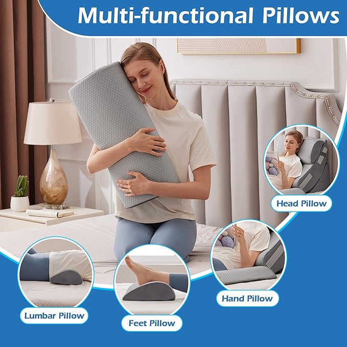 Ahpmeoa 6PCS Orthopedic Bed Wedge Pillow Set for Sitting up in Bed, Memory Foam Post Surgery Pillow for Back Pain Relief, Back Support Pillow for Acid Reflux Relief, GERD, Anti Snoring (Grey)