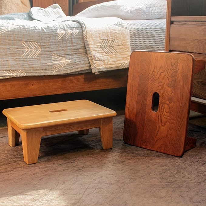 CONSDAN Oak Step Stool for Bed, Wooden Stool for Adults & Seniors - 6.5" High, Non-Slip Mat, No Assembly Needed, Solid Wood, Natural Color