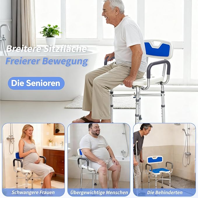 U 2-Level Width Adjustable Heavy Duty Shower Chair for Inside Shower and Tub w/Reinforced X-Bar, 550lbs Shower Seat for Bathtub w/Arms and Back for Seniors, Handicap, Bariatric, Elderly and Disabled