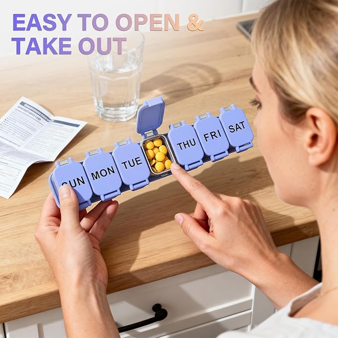 Extra Large Weekly Pill Organizer 7 Day - Portable Daily Pill Box with 7 Detachable Compartments, Vitamin Holder and Medicine Organizer for Supplements, Home and Travel, Purple