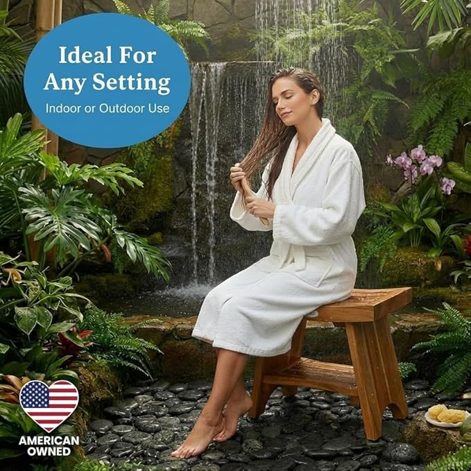 EcoDecors Teak Shower Bench 18", 300 lb Capacity – Waterproof Teak Bath Seat for Adults - Compact Spa Stool for Small Bathrooms & Walk-in Showers with Slip-Resistant Feet