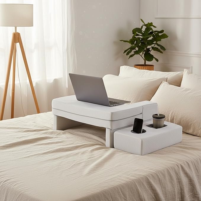 Reading Pillow Lap Desk with Storage Coaster, Adjustable Ergonomic Arm Rests for Laptop, Gaming, Reading, Working on Bed, Couch & Floor for Adults, Square, Grey