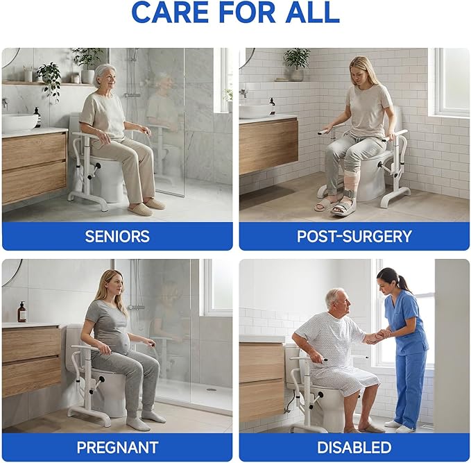 Toilet Safety Rails for Seniors, 350lbs Heavy Duty Toilet Safety Frame & Grab Bars, Triple Stability with 2 Suction Cups & Rear Bar, Adjustable Height & Width Toilet Rail