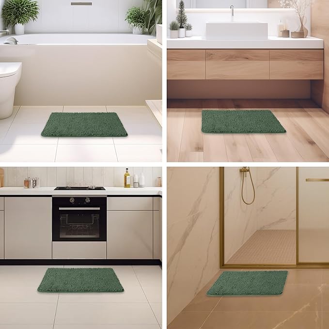 Dark Green Bathroom Rugs – Absorbent and Washable Bath Mat, Non-Slip, Thick Soft Chenille Bath Rugs for Bathroom Floor, Shower, Sink - 17" x 24"