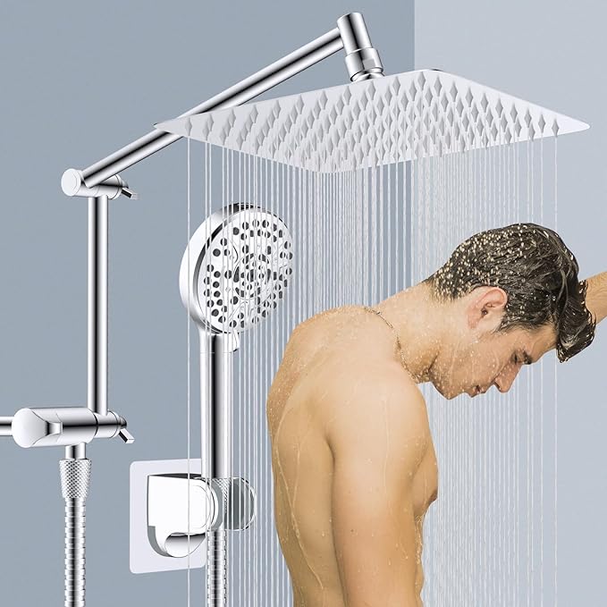 All Metal Rain Shower Head, 10” High Pressure Rainfall Shower Head with Handheld, 5" Large Handheld Showerhead Powerful Cleaning 10-Spray, 16" Shower Extension Arm Adjustable Height/Angle, Chrome