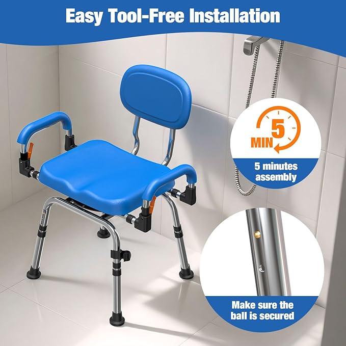 4-in-1 Wide 360° Swivel Shower Chair for Elderly and Disabled, Adjustable Height & Arms Width Padded Shower Chair for Inside Shower & Bathroom Bath Tub, 300lb Capacity Bariatric Shower Seats with Arms