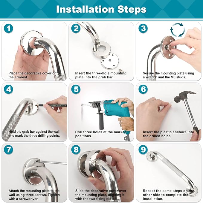 Grab Bars for Bathtubs and Showers, 16-Inch and 12-Inch Anti-Slip Bathroom Shower Grab Bars for Seniors Wall, Safety Angled Handicap Grab Bars Stainless Steel, Shower Handle for Elderly, Wall