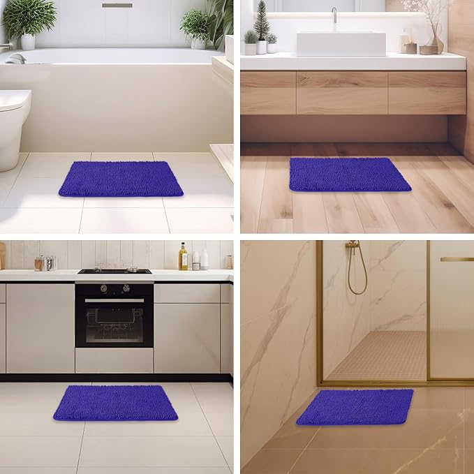 Royal Blue Bathroom Rugs – Absorbent and Washable Bath Mat, Non-Slip, Thick Soft Chenille Bath Rugs for Bathroom Floor, Shower, Sink - 17" x 24"