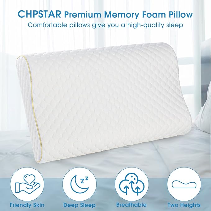 Memory Foam Pillows, Cervical Neck Side Sleeper Pillow, Bed Contour Pillow for Sleeping, Ergonomic Orthopedic Pillow for Back Stomach Sleeper, Queen,Gold