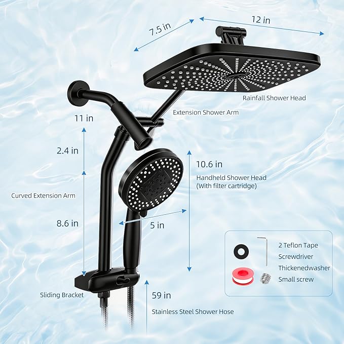Shower Head with Handheld, 12" High Pressure Rain Shower Heads with Filtered Handheld Spray Combo, Black Showerheads & Hand Held Showers Set with Adjustable Extension Arm for Bathroom