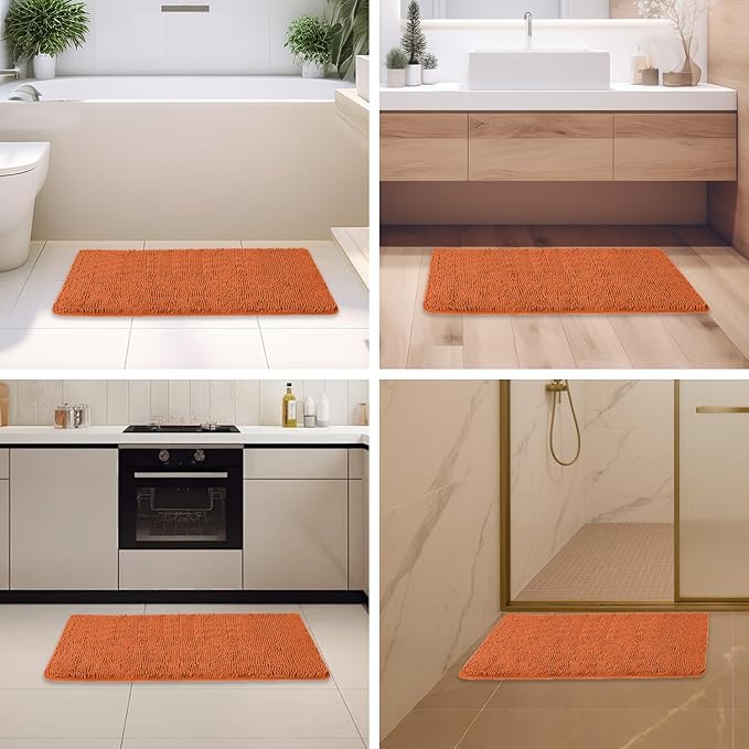 Burnt Orange Bathroom Rugs – Absorbent and Washable Bath Mat, Non-Slip, Thick Soft Chenille Bath Rugs for Bathroom Floor, Shower, Sink - 24" x 36"