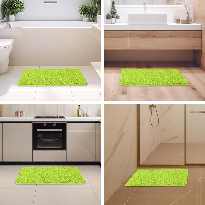 Lime Green Bathroom Rugs – Absorbent and Washable Bath Mat, Non-Slip, Thick Soft Chenille Bath Rugs for Bathroom Floor, Shower, Sink - 20" x 32"