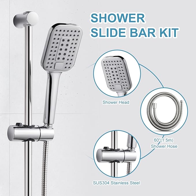 OFFO Shower Slide Bar Combo, Adjustable 31 in Slide Bar with 3-Mode Square Handheld Shower Head and 60 in Stainless Steel Hose, Screw Wall Mounted, Chrome Finish