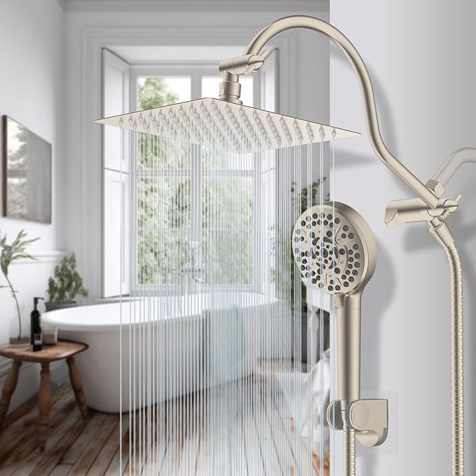 Hibbent All Metal CUPC Certified Shower Head, 8'' High Pressure Rainfall Shower Head, Handheld Showerhead Combo, 12'' Adjustable Extension Arm, 10 Sprays, 71'' Hose, Showerhead Holder, Brushed Nickel