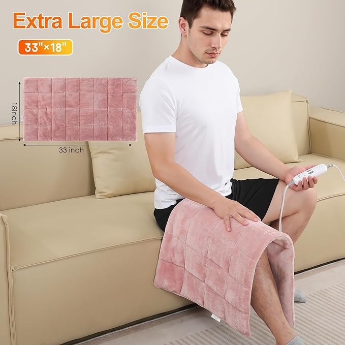 Weighted Heating Pad with 2 Massager,18"x33" X-Large Heated Pad for Back Pain Relief with 3 Heat Settings 2Hrs Auto Shut-Off for Neck Shoulder Arms Legs(4.85Lbs,Pink