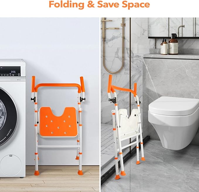 Foldable Shower Chair, Folding Bath Shower Seat for Inside Shower, Minimalist Shower Chair with Arms and Back Height Adjustable, Portable Safety Bath Chairs for Elderly, Seniors, Disabled