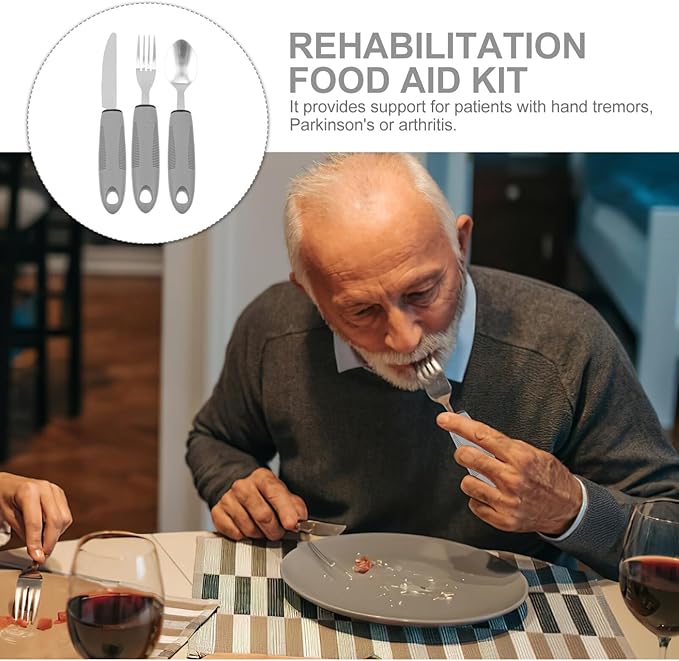 Healifty Anti-Shake Tableware Set 3-Piece Adaptive Utensils with Tpr Non-Slip Handles for Elderly Arthritis Hand Tremors Eating Aid