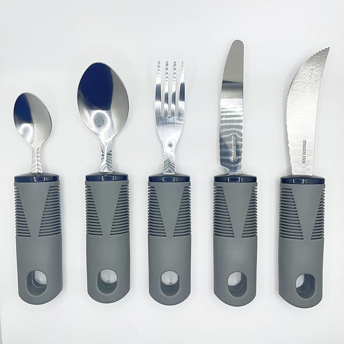 Adaptive Utensils 5 Piece Set Weighted Utensils for Hand Tremors Easy Grip Parkinsons Utensils Extra Wide Handles Built up Utensils for Adults with Knife Fork Spoon for Disabled Arthritis People(Grey)