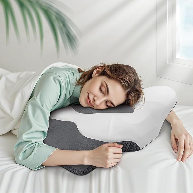 Cervical Neck Pillow for Sleeping, Memory Foam Pillow for Neck Support, Ergonomic Pillow for Pain Relief, Contour Bed Pillow for Side Back Stomach Sleepers, Grey, Queen Size