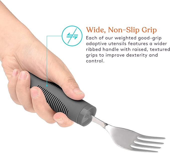 Special Supplies Adaptive Utensils (4-Piece Kitchen Set) Weighted, Non-Slip Handles for Hand Tremors, Arthritis, Parkinson’s Elderly use - Stainless Steel Knife, Fork, Spoons (Grey)