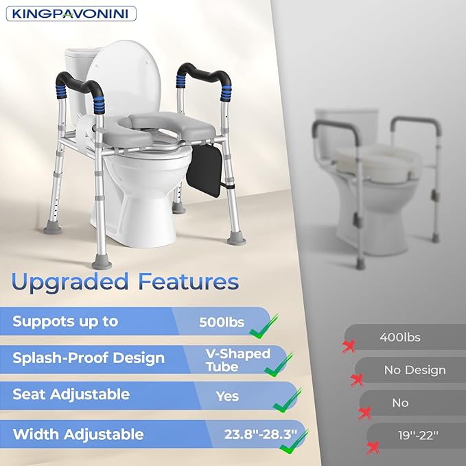 KingPavonini Toilet Seat Risers for Seniors, Raised Toilet Seat with Handles with Adjustable Height & Width, Soft Padded Seat, Elevated Toilet Seat Riser, Load 500lb, Fit Any Toilet