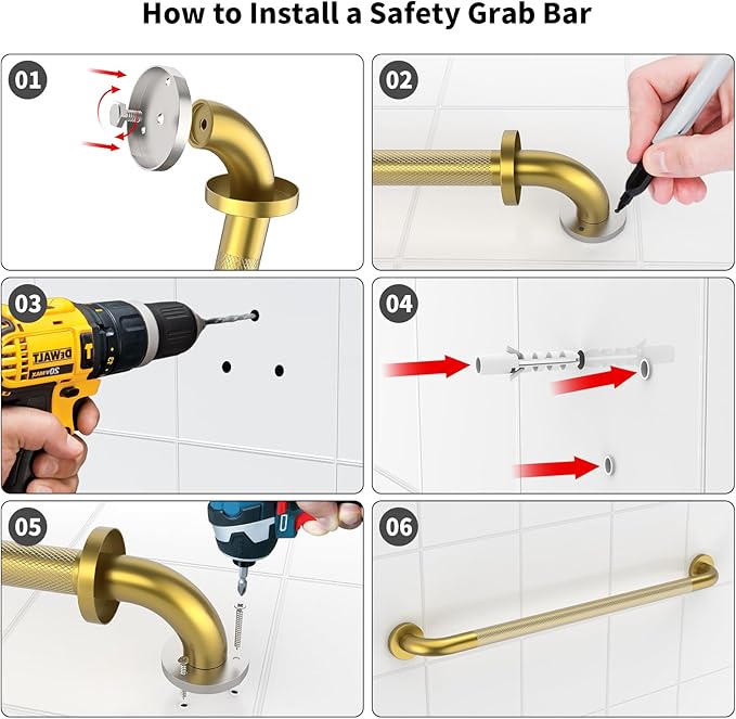 Shower Grab Bar 32 Inch, iHansee Brushed Gold Bathroom Grab Bar w/Anti-Slip Knurled Grip, Stainless Steel Bath Safety Bars Support Handrail for Senior Elderly, Toilet Bathtub Balance Handle for Wall