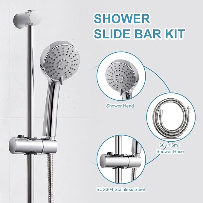 OFFO Shower Slide Bar Combo, Adjustable 39 in Slide Bar with 3-Mode Round Handheld Shower Head and 60 in Stainless Steel Hose, Screw Wall Mounted, Chrome Finish