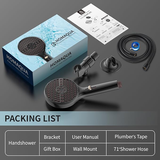 Black Handheld Shower Head, 9 Spray Modes High Pressure Shower head with Power Wash, 71" Extra Long Stainless Steel Hose & Adjustable Shower Bracket for Home Bathroom