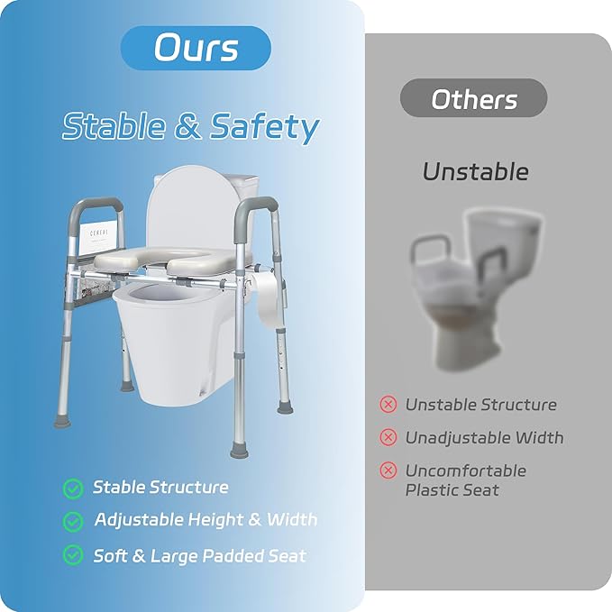 Raised Toilet Seat with Handles, Toilet Seat Risers for Seniors Width and Height Adjustable Raised Toilet Seat with Handles for Elderly