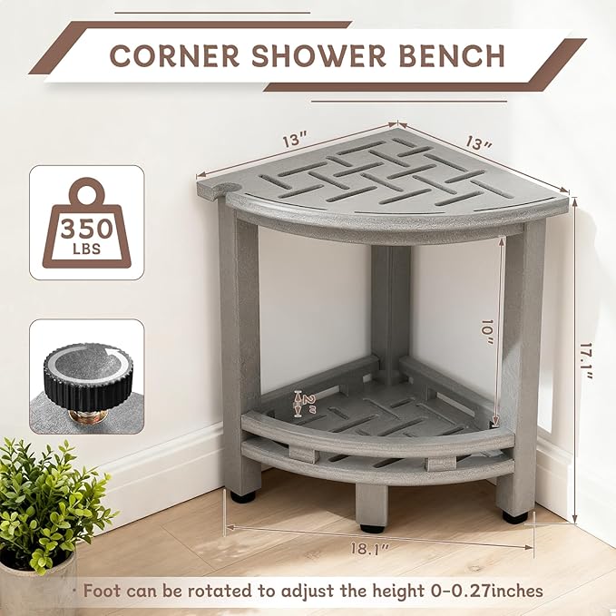 KALUMOON Corner Shower Stool, HDPE Waterproof Shower Bench for Inside Shower, Small Shower Chair Seat for Shaving Legs with Storage Shelf, Shower Head Holder, Adjustable Feet (Grey)