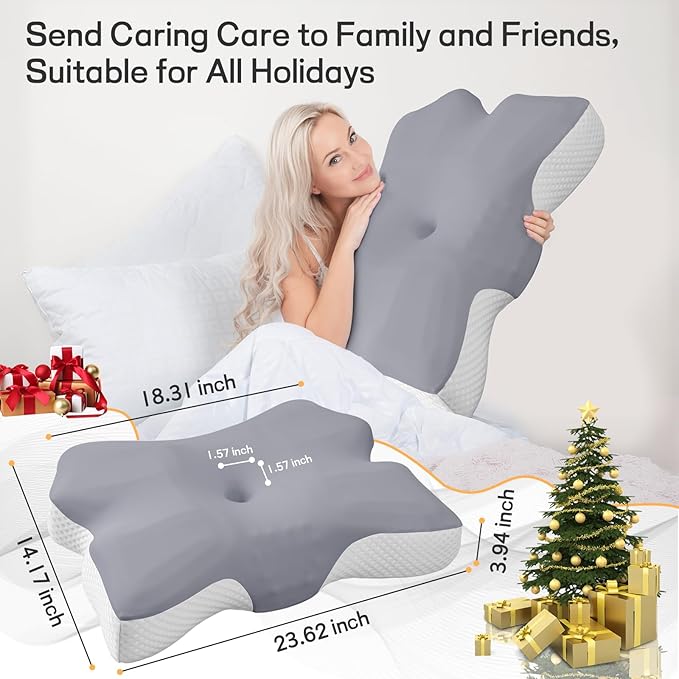 Cervical Neck Pillow for Pain Relief, Ergonomic Neck Support Pillow for Side Sleeper, Contour Memory Foam Pillows with Cooling Pillowcase Orthopedic Bed Pillow for Back Stomach Sleepers, Grey