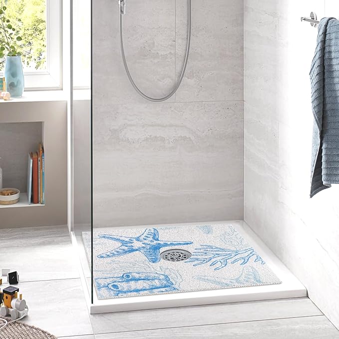 Square Shower Mat Non Slip: 27 x 27 Inch Extra Large Shower Mats with Drain Hole in Middle - PVC Loofah Anti Slip Shower Floor Matt for Inside Shower
