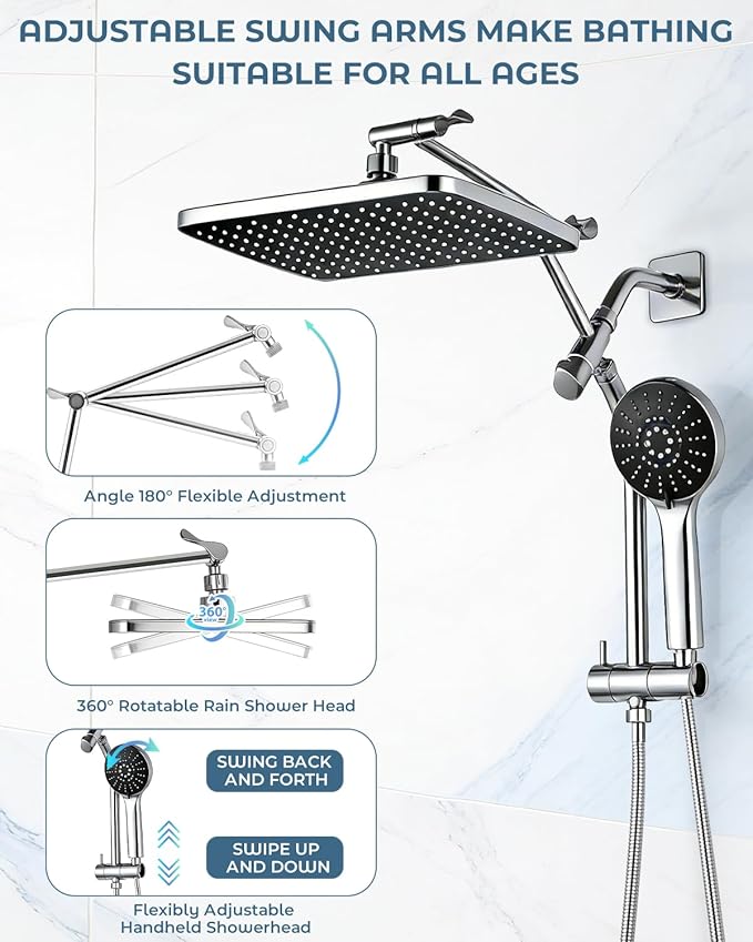 11.8" Rain Shower Head with Handheld, High Pressure Handheld Shower with Multi Spray Modes, Rainfall Combo with Metal Extension Arm, Detachable Dual Showerhead, Bathroom Decor, Chrome Silver