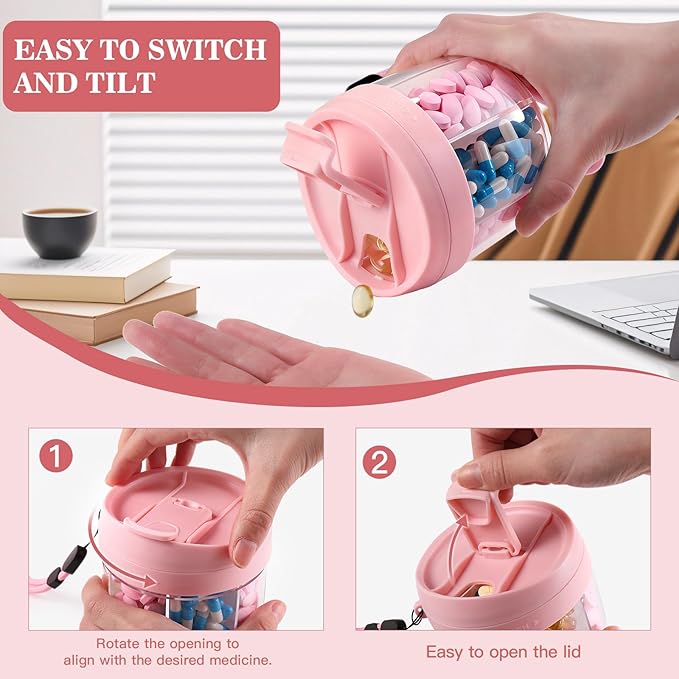 Pill Organizer,Travel Essentials Pill Container, Travel Pill Dispenser with Pink Lid,Pill Case Having 7 Large Compartments,Vitamin Organizer for Home Organization,Travel Containers