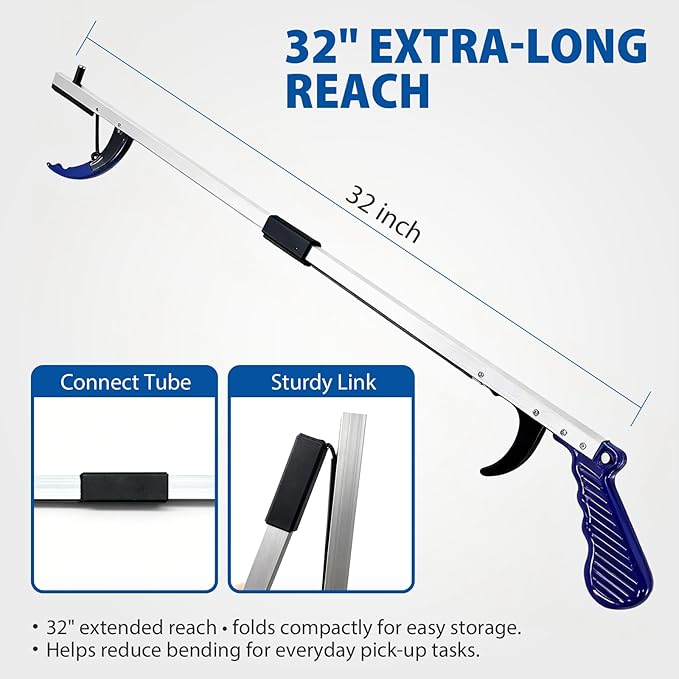 Blue Jay Reacher Grabber Tool for Elderly, 32" Foldable Pickup Stick with Magnetic Tip & Ergonomic Soft Grip. Lightweight Long Reach Claw for Trash, Litter, Mobility Aid for Wheelchair