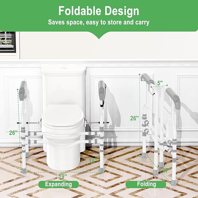 Foldable Toilet Safety Rails for Seniors, Toilet Safety Frame Height Adjustable, Heavy Duty Bathroom Rail with Armrests, Bathroom Safety for Elderly and Disabled(400LBS)
