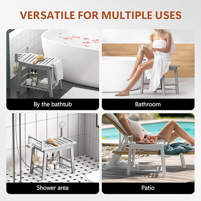 Bamboo Shower Benches for Inside Shower to Sit on, 2-Tier Shower Stool Waterproof with Arm, Heavy Duty Bathroom Bench with Storage Shelf and Shower Header Holder for Seniors, Disabled, Women, Gray