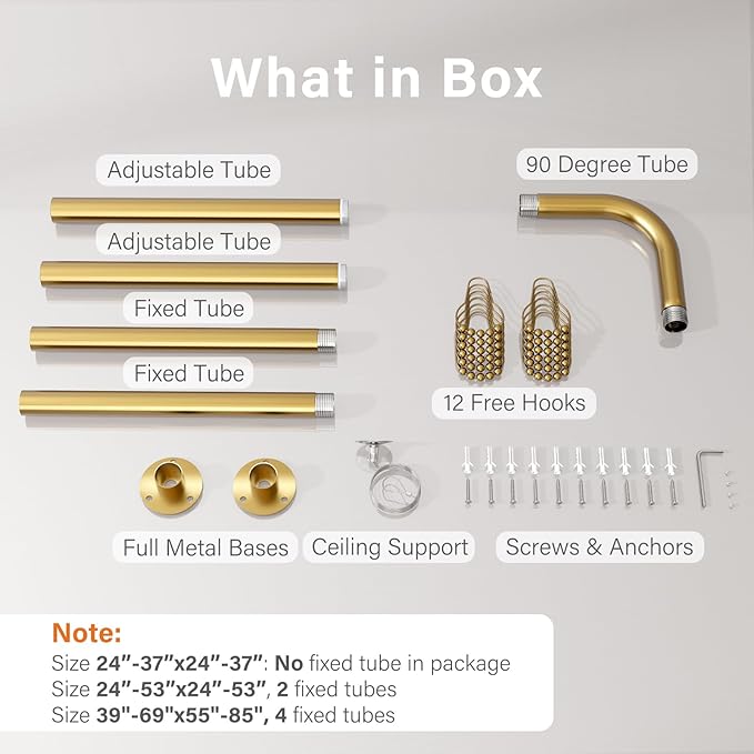 L Shaped Corner Shower Curtain Rod, 39" - 69" x 55" - 85" Adjustable 90 Degree Curved Bathroom Rod Square Rail No Sag with 12 Hooks & Ceiling Support - Gold