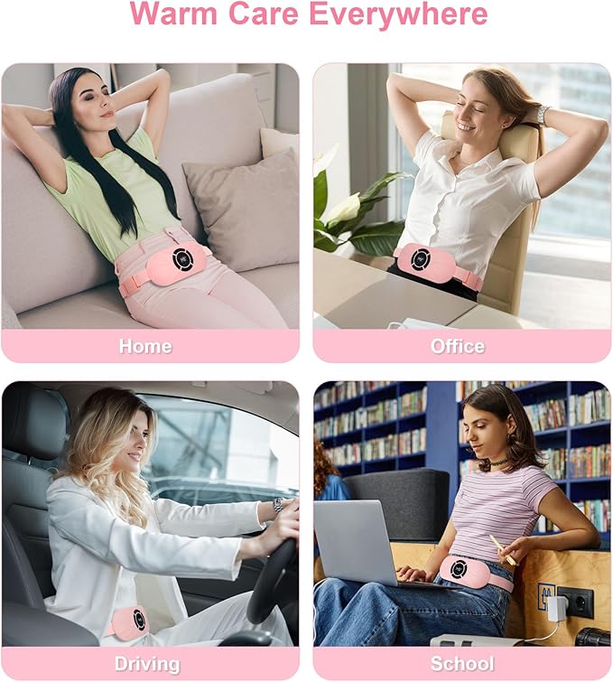 Portable Cordless Heating Pad for Period Cramps, Voice Reminder Menstrual Heating Pad with 6 Heat Levels and 6 Massage Modes, 3s Fast Heating, Gifts for Women Girls, Pink