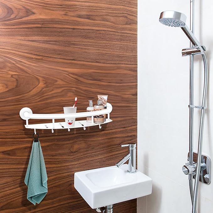White 18-inch Safety Grab Bar with Storage Shelf for Bathtub or Shower, Drainage Holes, Stainless Steel, Wall Mounted Grab Bars for Elderly Injured Balance Support