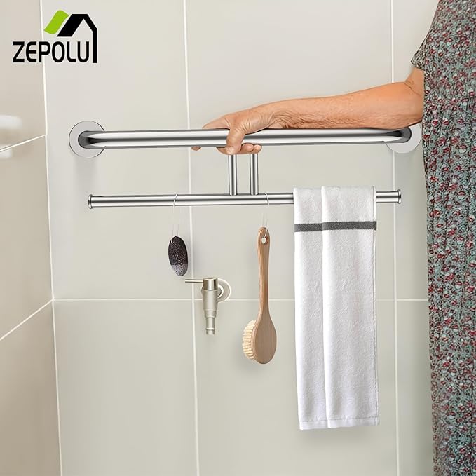 Chrome Double Toilet Paper Holder w/Safety Bar 24 inch, Zepolu 2-in-1 Assist Bar Balanced Support Handle, Stainless Steel Handrail Wall Mounted Bathroom Toilet Grab Bar for Senior Elderly Handicap
