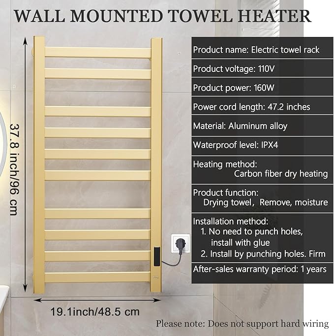 Verida Towel Warmer Rack, Heated Towel Rack for Bathroom, Wall-Mounted Plug (Not Hardwired), Aluminum Alloy, with Timer and Temperature Adjustment, Overheat Protection Function(Large Gold)