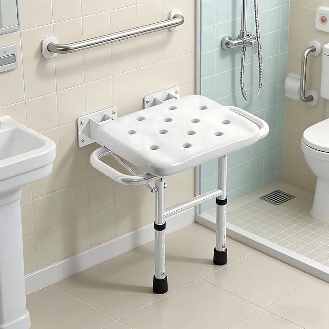 Foldable Wall Mounted Shower Seat, Height Adjustable Bathroom Stool with Armrests, 330lbs Capacity, Rustproof Bath Chair for Seniors, Elderly, Disabled & Pregnant Women