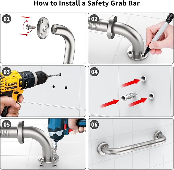 Shower Grab Bar 12 Inch, iHansee Brushed Nickel Bathroom Grab Bar w/Anti-Slip Knurled Grip, Stainless Steel Bath Safety Bars Support Handrail for Senior Elderly, Toilet Bathtub Balance Handle for Wall