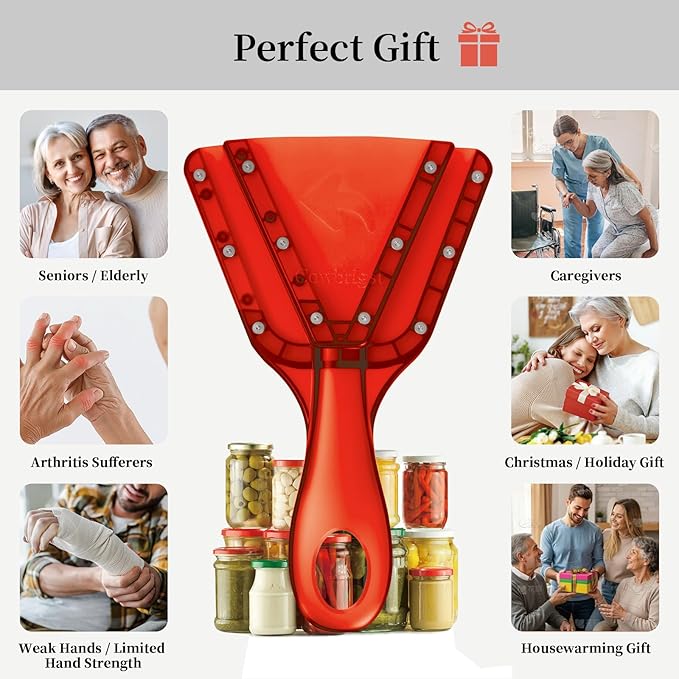 Jar Opener for Weak Hands & Seniors with Arthritis, Easy Twist-Off Lid & Bottle Opener, Ergonomic Handle with Stainless Steel Teeth, Practical Kitchen Gift for Elderly, Women & Men (0.2–5.3 in, Red)
