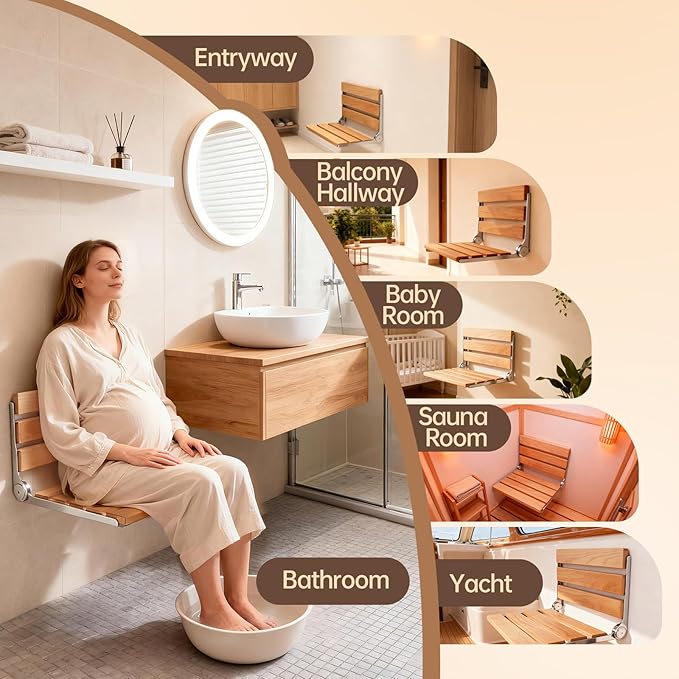 Jamini Folding Shower Seat Wall Mounted, 16.5", Beech Wood + SUS304 Steel, Heavy-Duty 330 lbs Seat for Seniors & Pregnant Women, Fits Small Showers, Balcony & Dressing Area